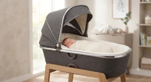 A premium luxury carrycot for a newborn featuring an adjustable protective sun hood.