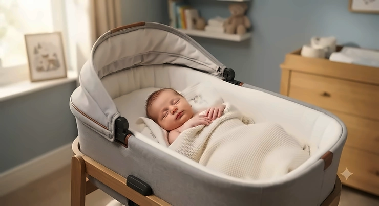 A content newborn baby sleeping peacefully in a safe and cosy carrycot.