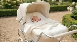 A peaceful newborn sleeping comfortably inside a luxury classic pram with soft linens.