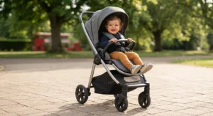 A convertible forward-facing pushchair shown in toddler seat mode with an adjustable footrest