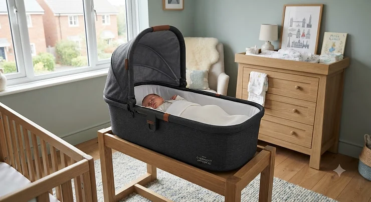 A stylish, safe overnight approved carrycot set up in a modern British nursery.