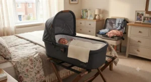 An overnight approved carrycot used as a convenient travel bed for visiting family.