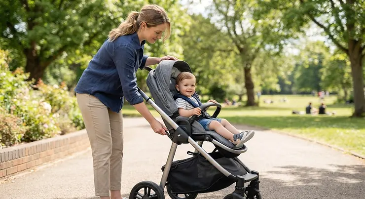 Parent adjusting the recline angle on a modern forward-facing pushchair in a park