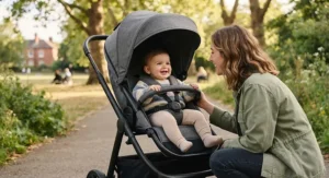 Baby smiling at a parent in a reversible seat pushchair facing inward