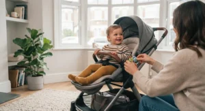 Toddler sitting in a reversible-seat best lie-flat seat buggy facing the parent