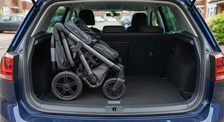 Compactly folded reversible seat pushchair stored easily in the boot of a car