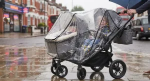 Side by side double buggy fitted with a clear waterproof rain cover on a wet London pavement
