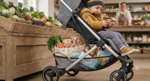 A large under-seat storage basket on a best umbrella fold buggy, perfect for shopping trips