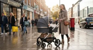 Stylish lie-flat pram being pushed through a busy British high street, perfect for urban shopping.