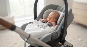 A newborn baby sleeping comfortably in a high-quality travel system with car seat.