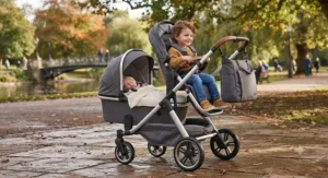 A tandem best double pushchair configured with a carrycot for a newborn and a seat for an older toddler.
