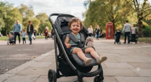 A happy toddler sitting in the best lightweight pushchair during a day out.