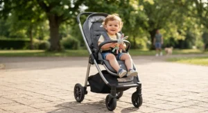 Happy toddler sitting upright in a lightweight forward-facing pushchair on a paved walkway