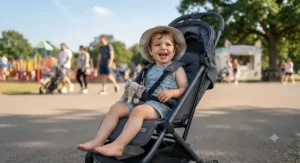 A happy toddler sitting comfortably in a best travel buggy during a family day out.