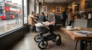 Versatile lie-flat pram travel system parked in a modern British café environment.