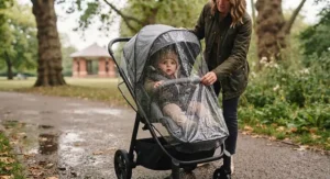 Reversible seat pushchair fitted with a clear waterproof rain cover for British weather