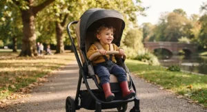 Toddler enjoying the view forward in a reversible seat pushchair