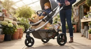A 3-wheel pushchair showing the spacious under-seat shopping basket
