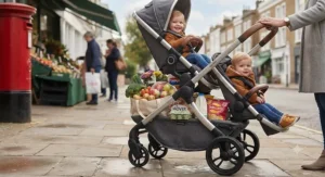 Spacious under-seat shopping basket loaded with groceries underneath the best tandem pushchair