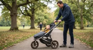 A tall parent adjusting the handlebar height on an ergonomic all-terrain pushchair for comfortable walking