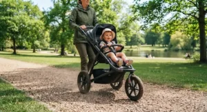 An all-terrain off-road pushchair featuring suspension for a smooth ride on gravel paths