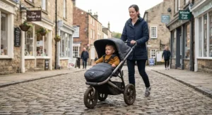 Parent easily manoeuvring an all-terrain pushchair over uneven historic cobbled streets in a UK town centre