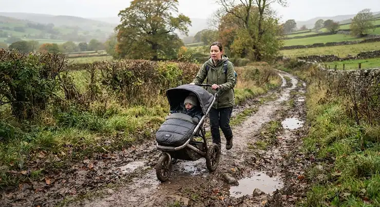 A parent pushing an all-terrain pushchair along a muddy country walking trail in the British countryside