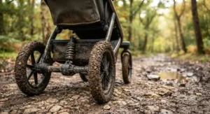 Large air-filled wheels and suspension on a pushchair for countryside walks tackling stony ground.