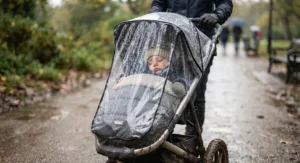 A baby sleeping comfortably in an all-terrain pushchair protected by a clear rain cover on a drizzly UK day