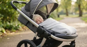 Close-up of a baby sleeping comfortably in a reclinable 3-wheel pushchair