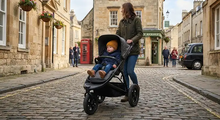 A stylish 3-wheel pushchair navigating a cobbled UK city street