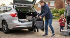 Compact folding double buggy suitable for a newborn and toddler being loaded into a car boot