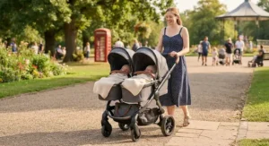 A twin pram fitted with twin carrycots for newborn babies on a sunny day out.