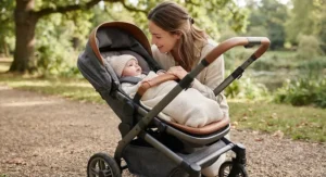 Parent-facing pushchair for a newborn offering close interaction during walks outdoors