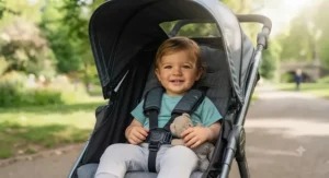 Toddler sitting securely in the padded five-point harness of the best running buggy with a protective sun canopy.