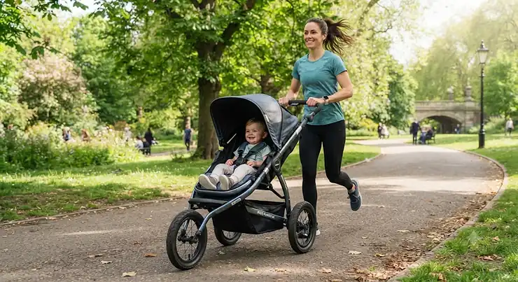 Parent jogging in a park pushing the best running buggy in the UK, showcasing a sleek three-wheel design.