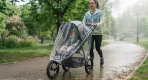 The best running buggy fitted with a clear raincover, ready for unpredictable British weather conditions.