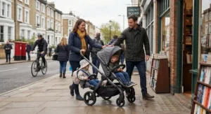 Parents pushing the best tandem pushchair smoothly along a busy London pavement and narrow shop aisles