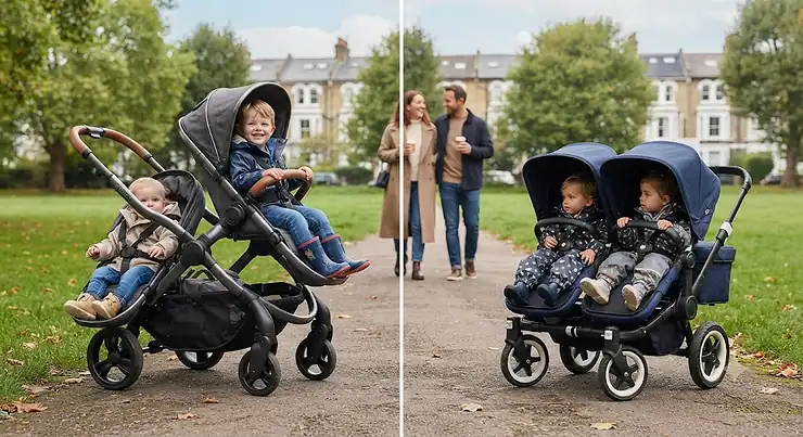 Comparison of the best tandem pushchair models showing inline and side-by-side seating configurations for British families