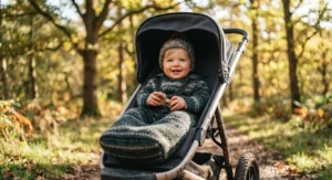 A happy baby sitting comfortably in a high-quality off-road pushchair ready for long walks