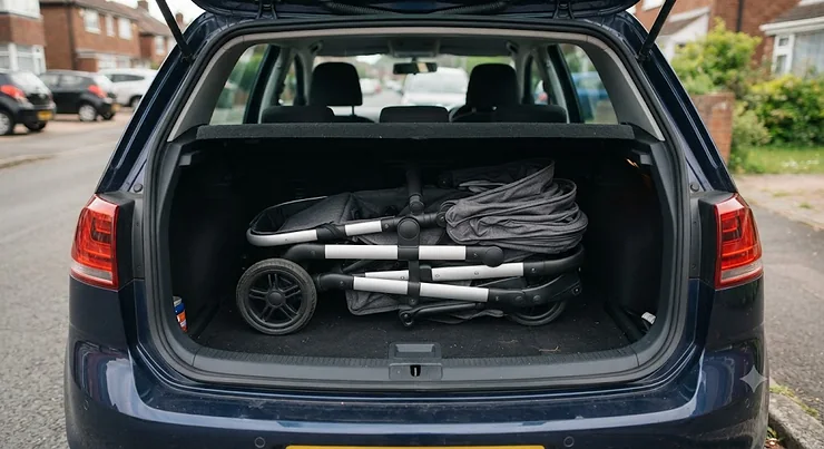 Compact double buggy folded down neatly inside a small car boot for easy storage.