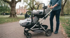 Compact double buggy set up as a travel system with infant car seats attached.