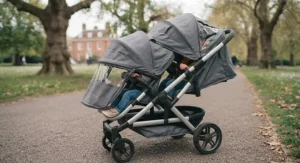 Compact double buggy featuring large extendable sun hoods for weather protection.