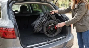 A compact fold mechanism showing how easily the lightweight jogging pushchair fits into a car boot.