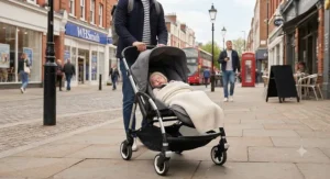 Streamlined urban pushchair carrying a newborn along a busy UK high street pavement