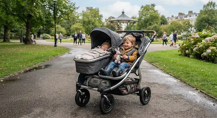 Side-by-side double buggy for a newborn and toddler parked in a British park