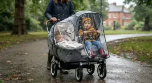 Double buggy fitted with a clear waterproof rain cover protecting a newborn and toddler