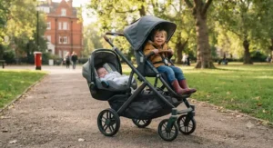 Double travel system featuring a car seat attached to a frame alongside a toddler seat