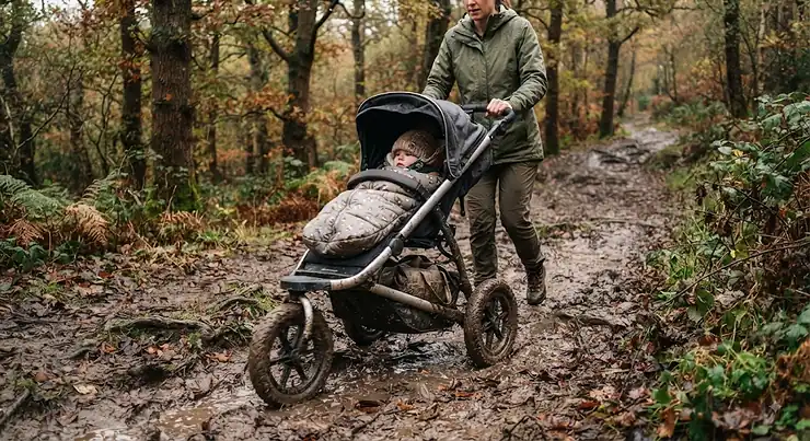 A robust off-road pushchair navigating a muddy forest trail in the British countryside