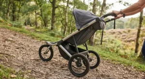 Side view of an ergonomic off road jogging stroller featuring a handbrake for steep hills